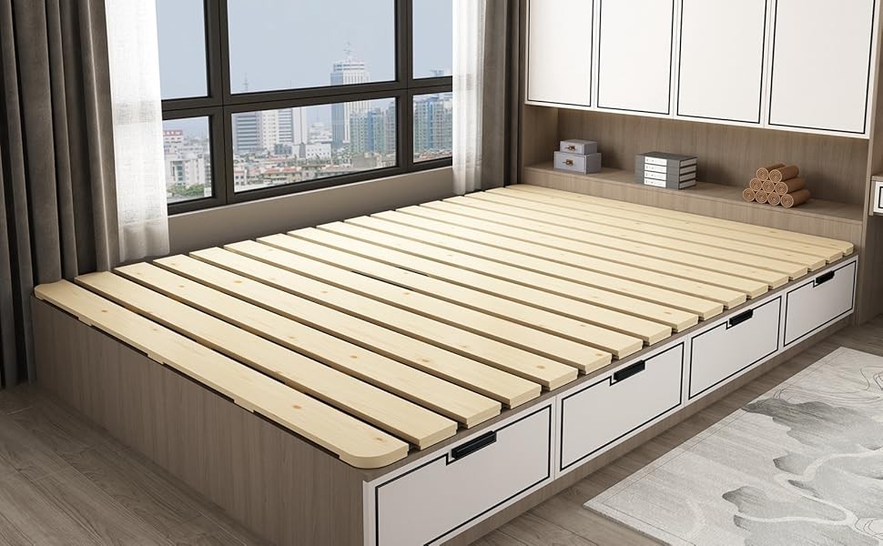 Foldable Floor Bed Frame, Breathable Wooden Roll-Up Slats Base for Japanese