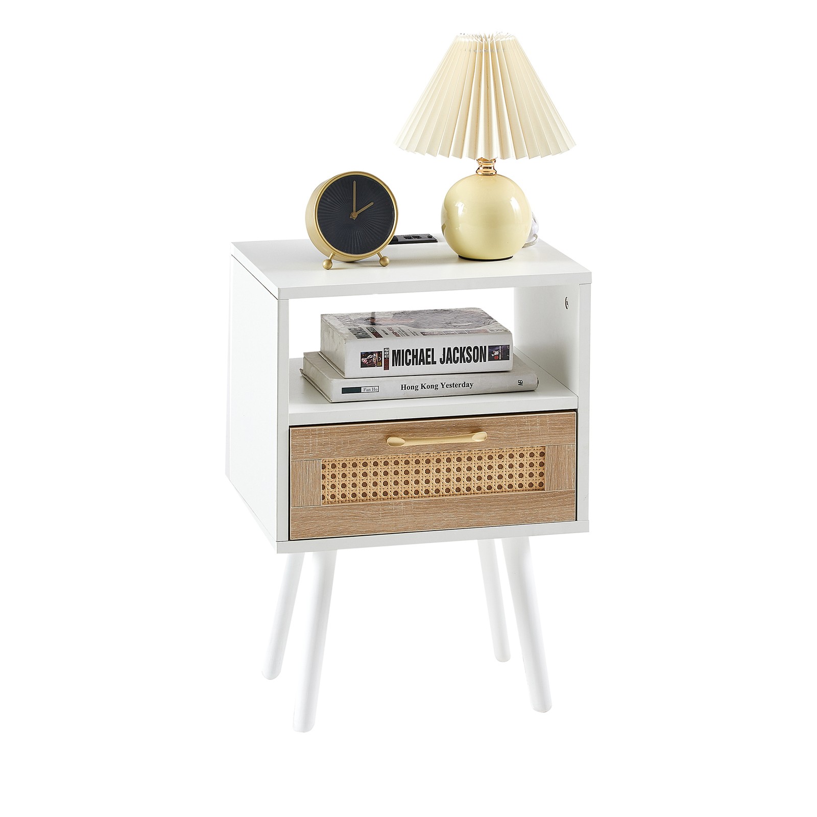 15.75″ Rattan End Table with Drawer, USB Ports & Outlet, White