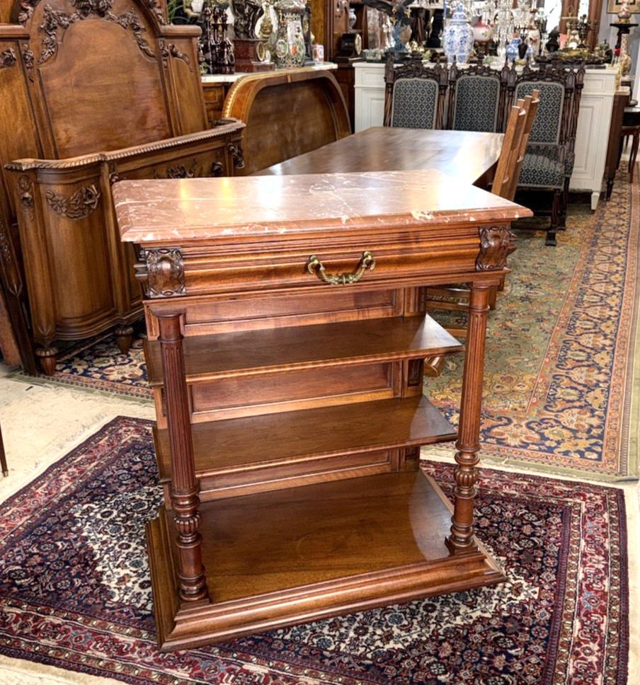 French Antique Marble Top Henry II Walnut Small Sideboard / Server / Entry Side