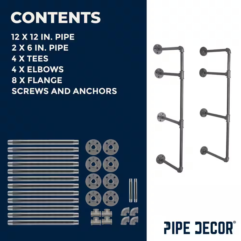 1/2 In. X 11.75 In. D X 35 In. H Black Steel Pipe Wall Mounted 3-Tier Shelf Kit