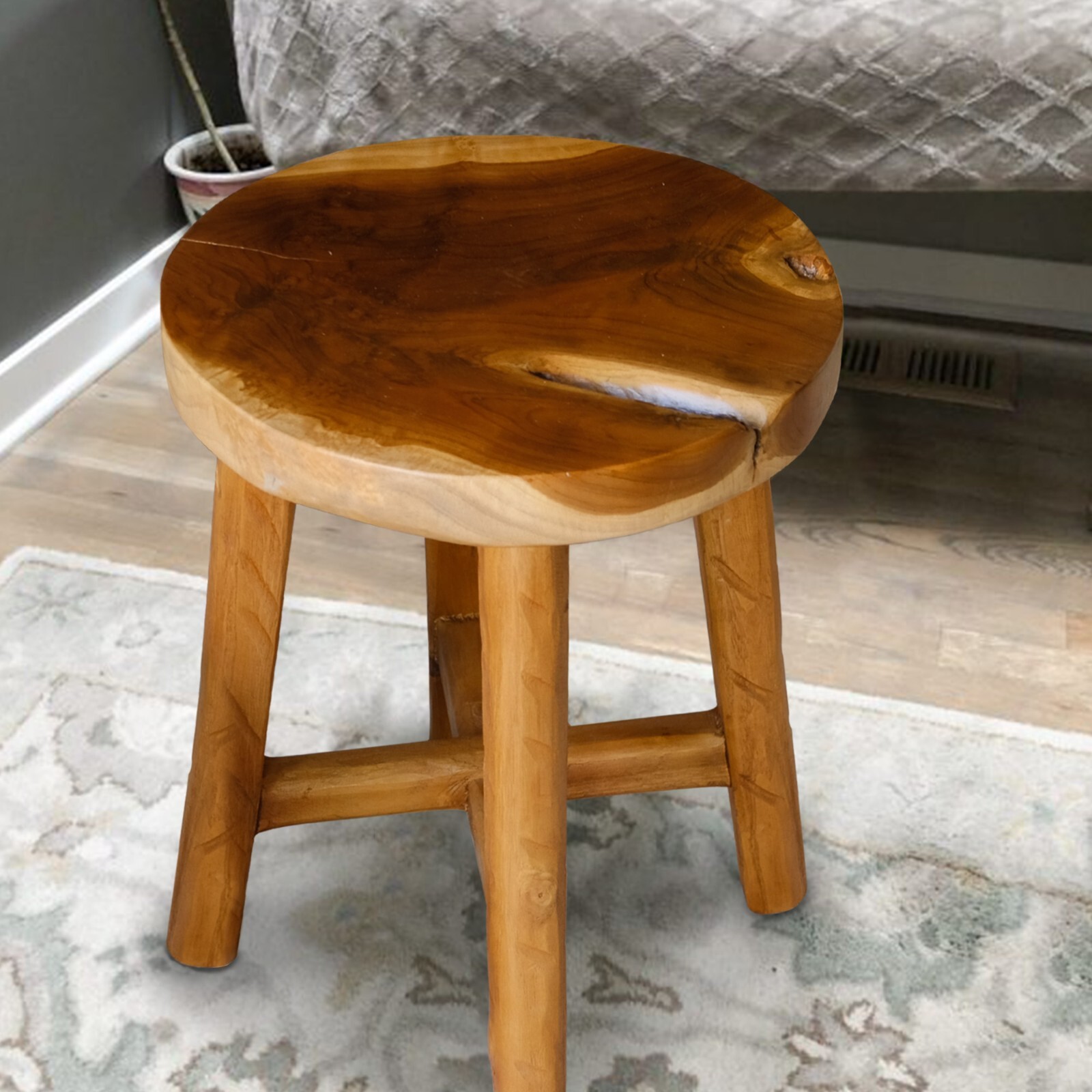 Rustic Teak Solid Wooden Stool Natural Round Side Table Bedside Table 19.5″ H