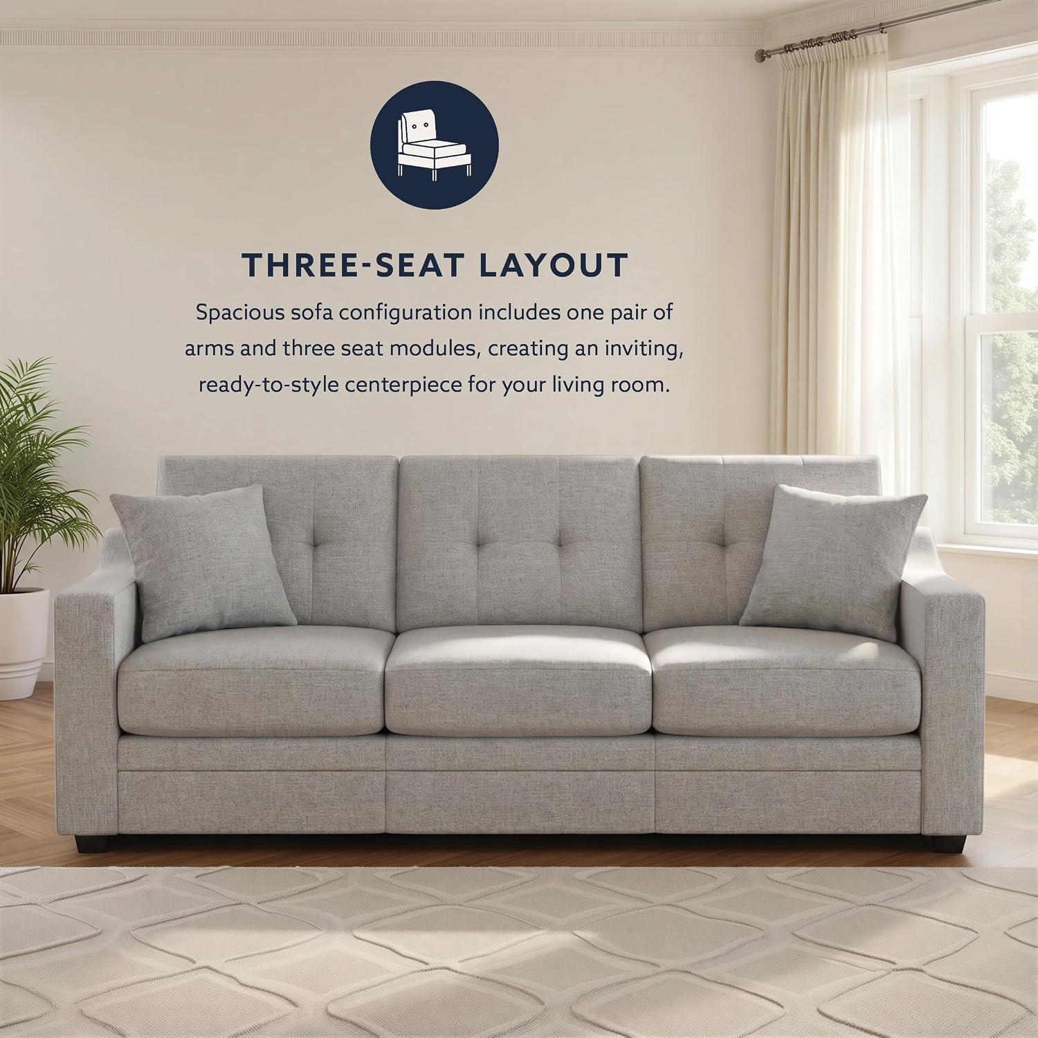 KYVOS Mallory 84″ Modular Three-Seat Sofa with Pillows in Hemp Grey Mist