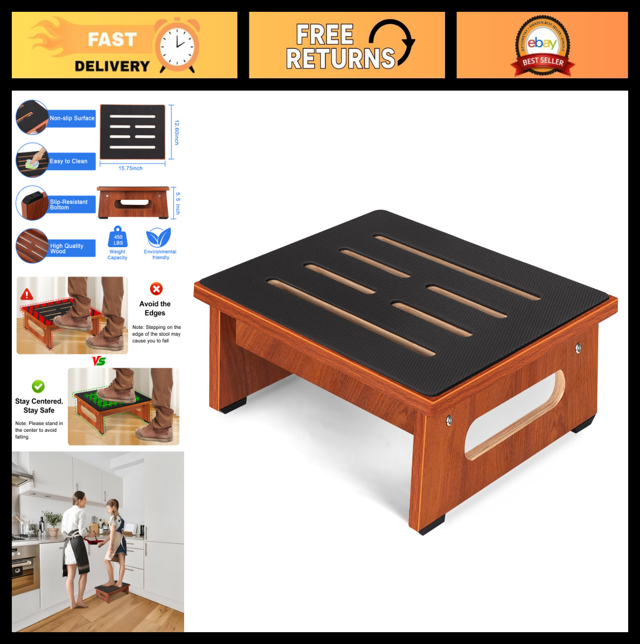 Heavy Duty Non-Slip Step Stool for Adults & Seniors, 450 LBS Capacity, Wooden Pl