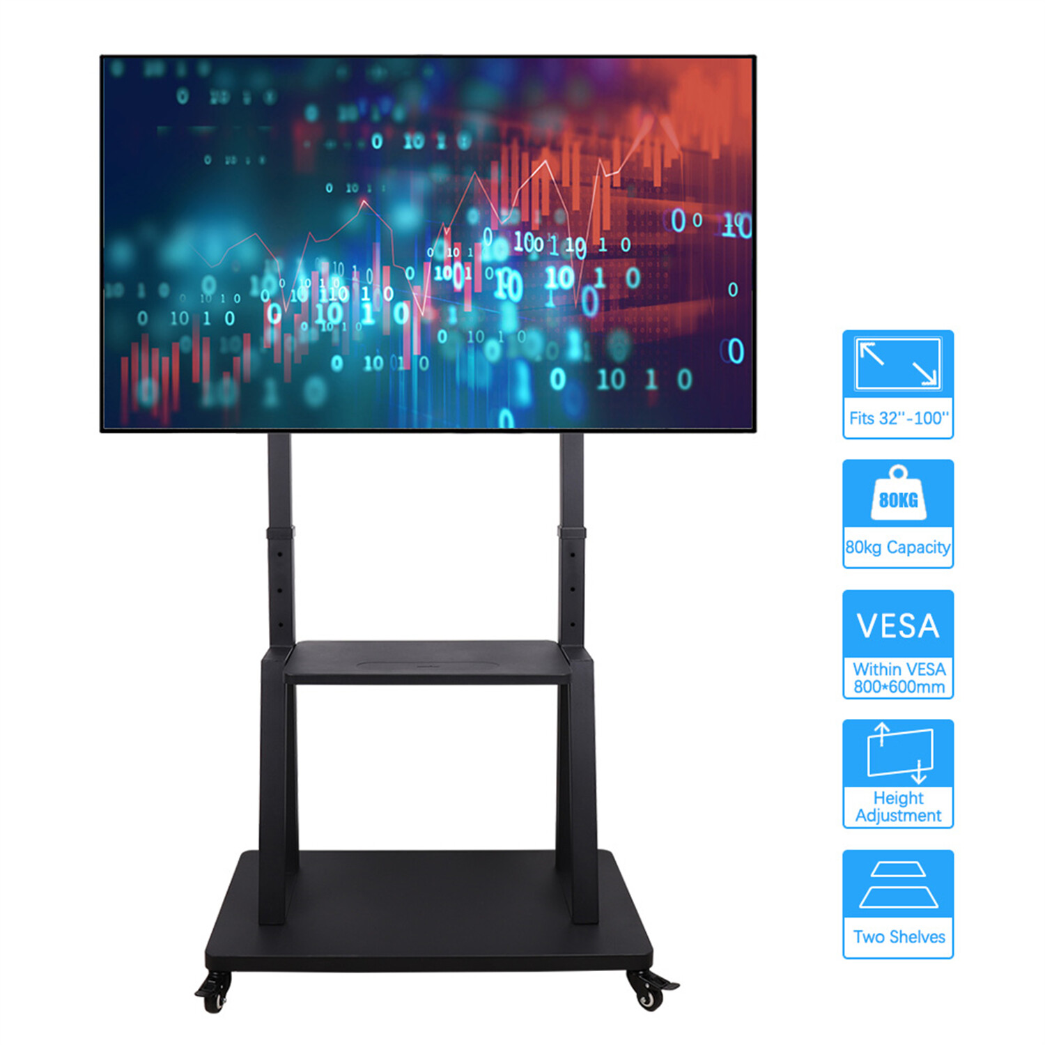 Mobile Rolling TV Stand Cart with Lockable Wheels and Shelf for 32-100” Flat TV