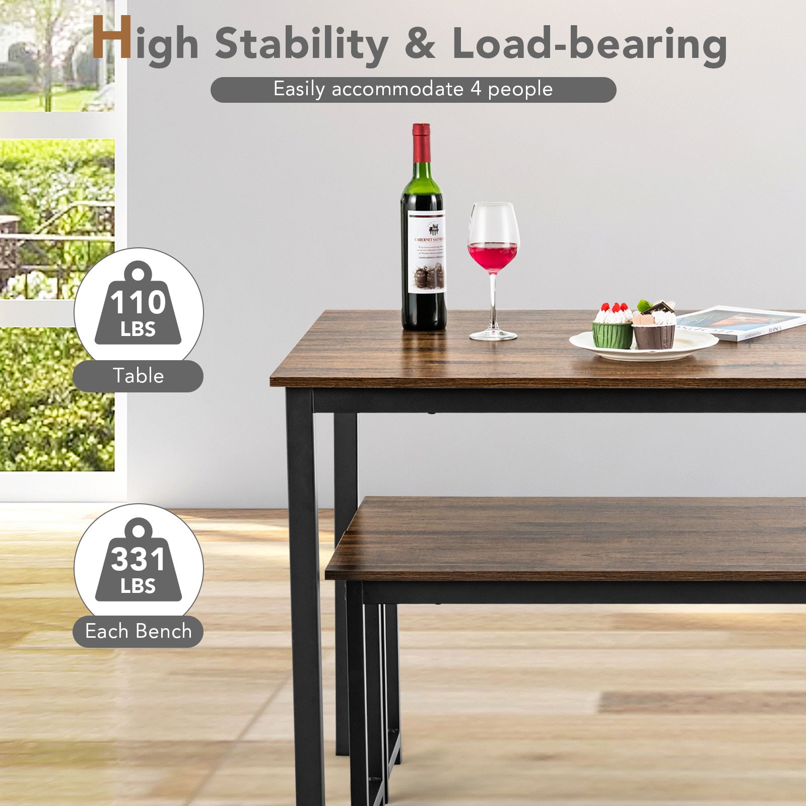 Topbuy 3pcs Dining Table Set for 4 Modern Industrial Counter Height Kitchen