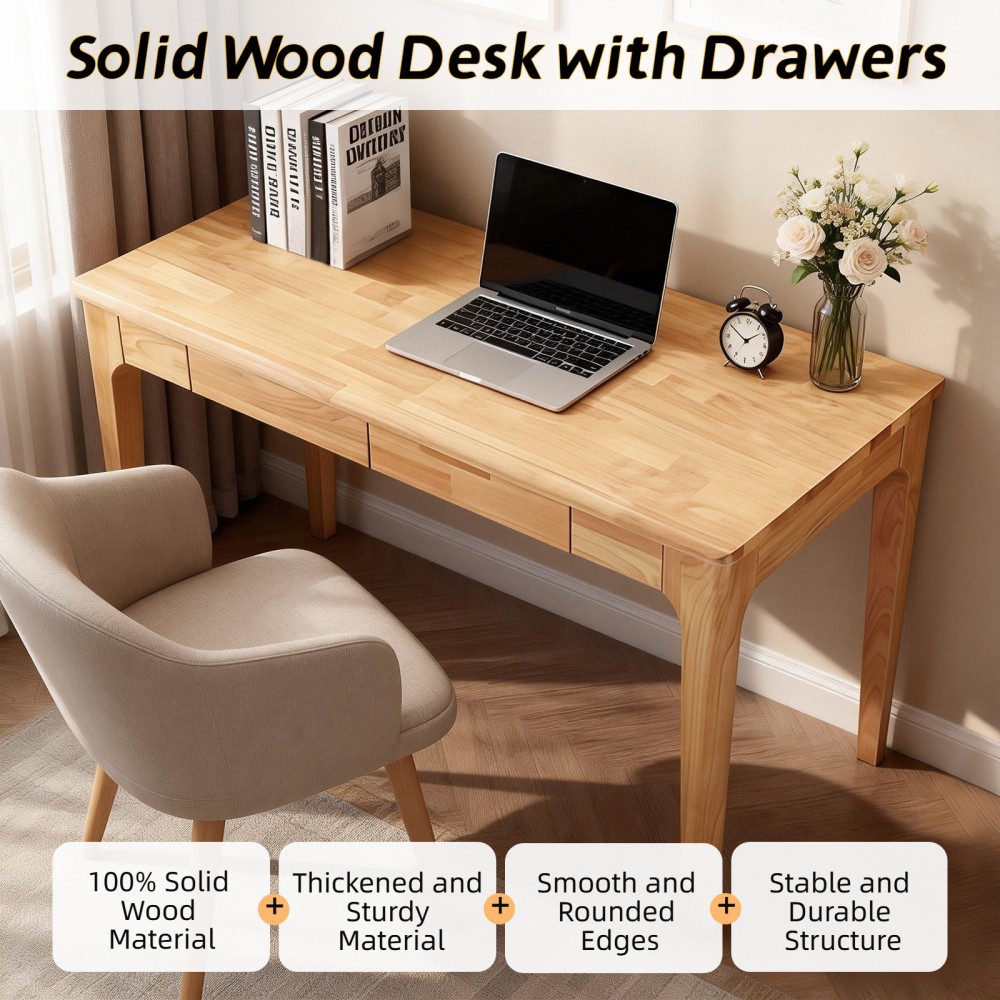 Solid Wood Desk with Drawers, Standing Desk with Smooth Edges, Home Office Desk