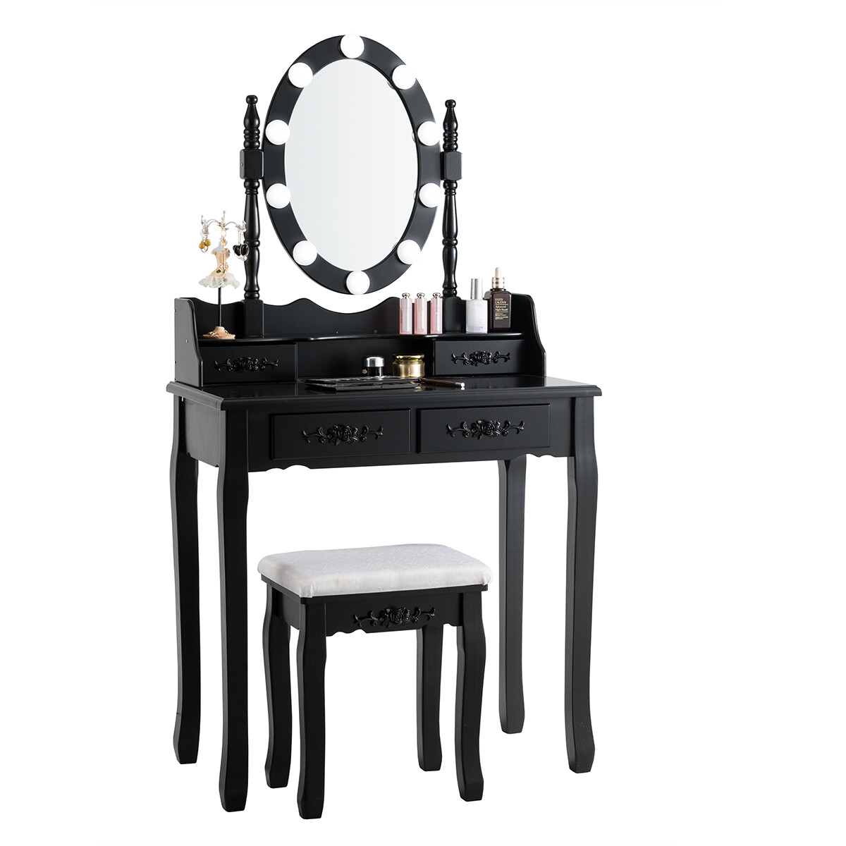 Topbuy Make-Up Vanity Table Dresser Set w/LED Light, Black Brown White