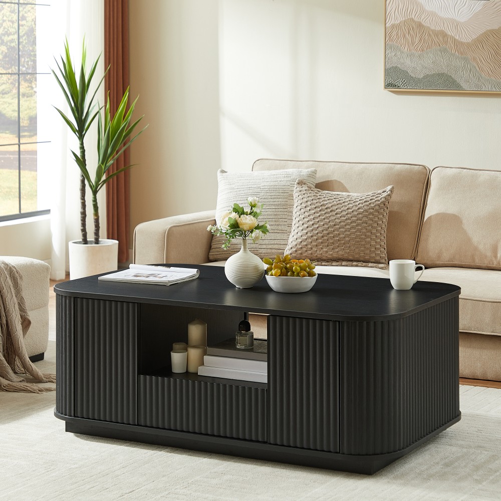 46.5″ Modern Oval Coffee Table with Drawers, Curved Contour, Natural
