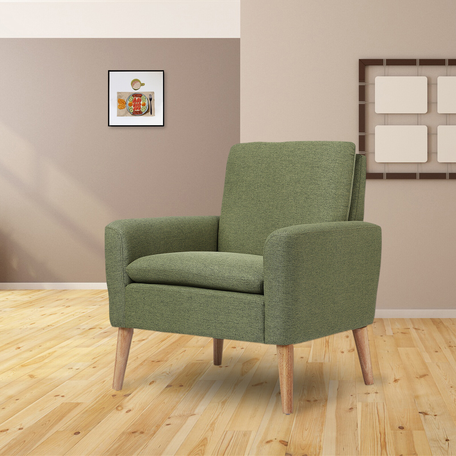 Green Modern Living Room Armchair Accent Single Sofa Linen Fabric Upholstered