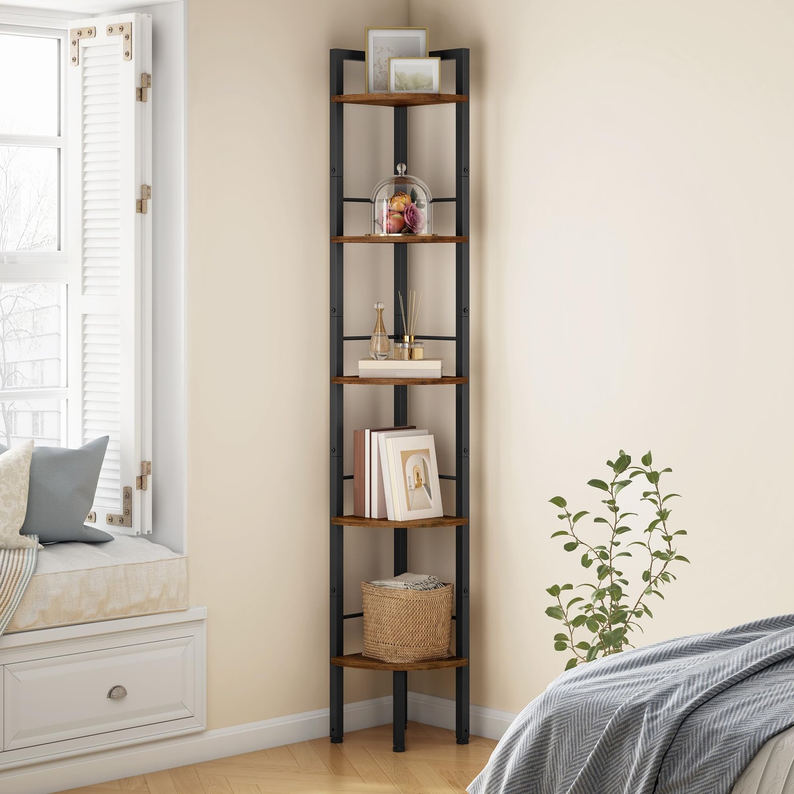 5-Tier Small Corner Shelf Stand – 60.5″ Tall Industrial Corner Display Shelf