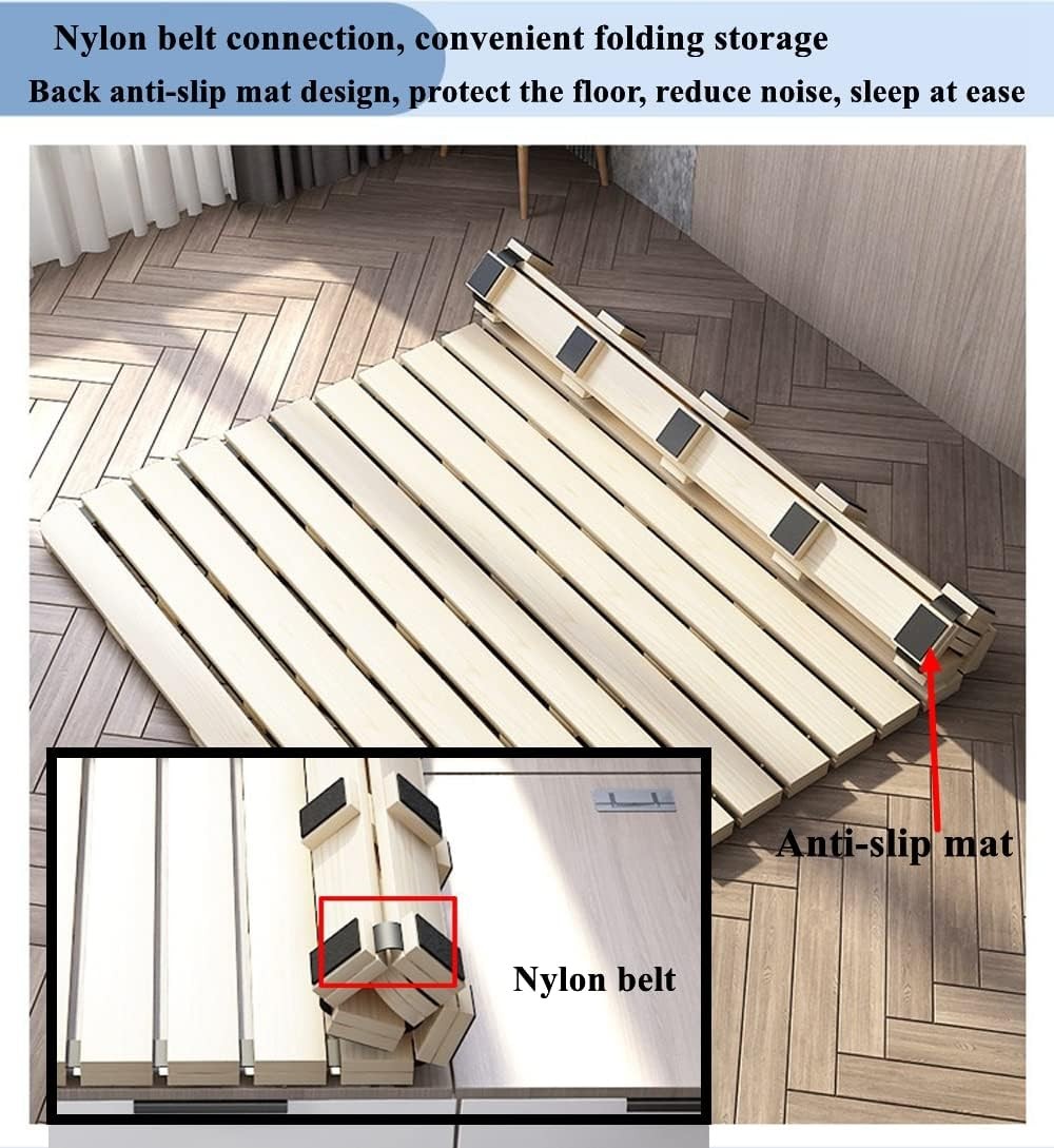 Foldable Floor Bed Frame, Breathable Wooden Roll-Up Slats Base for Japanese