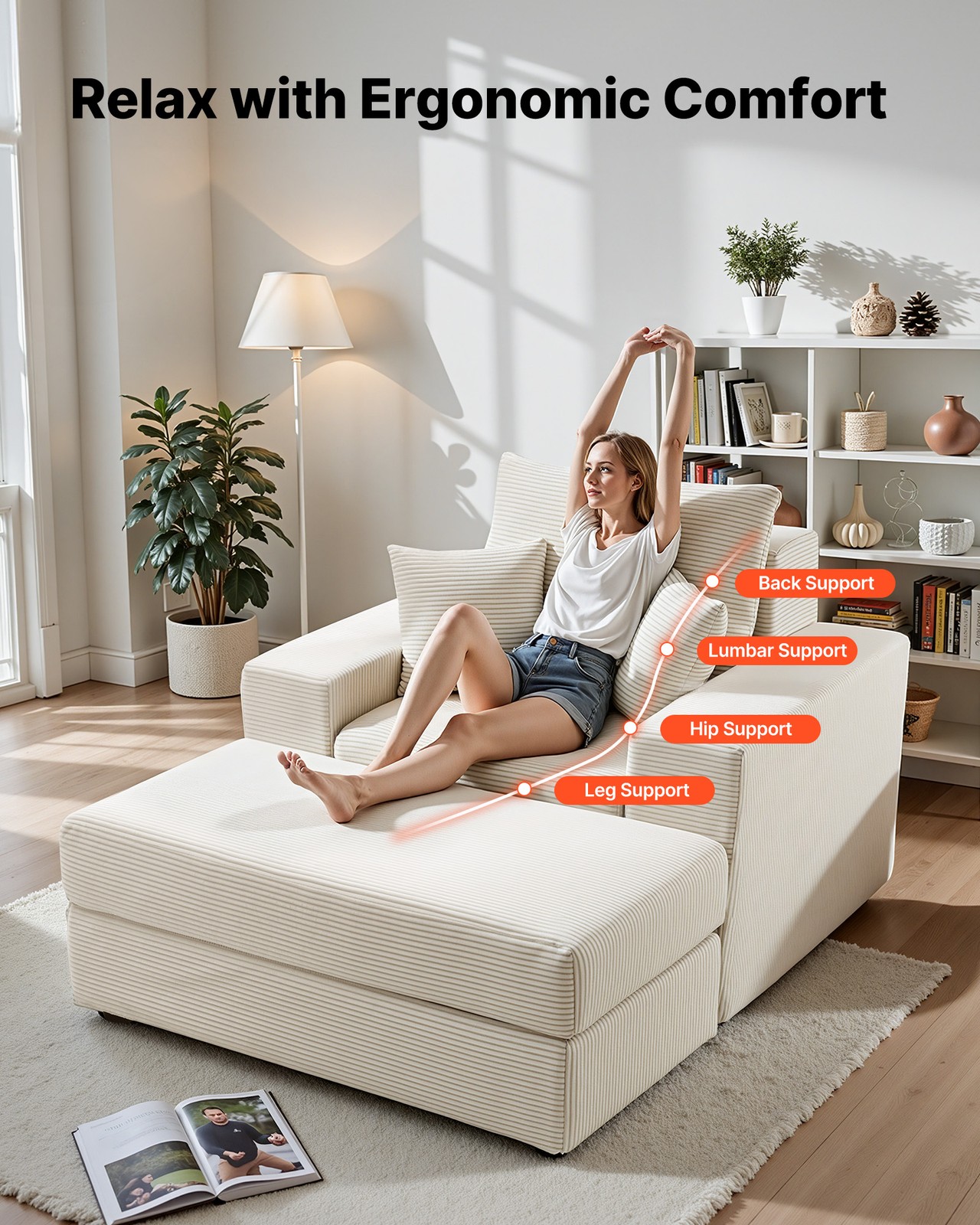 VEVOR Chaise Lounge Chair 44 in Boneless Modular Chaise Lounge Indoor Beige