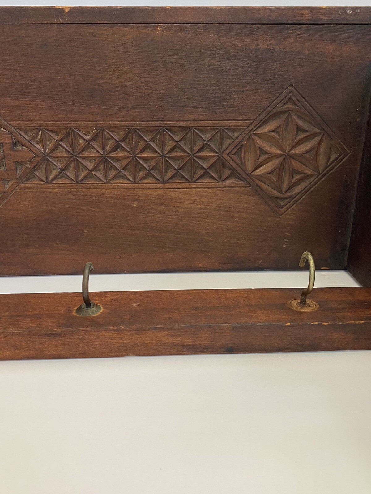 19thC ATQ Moorish Revival Eastlake Wood Carved Geometric Hat Rack Mantle Shelf