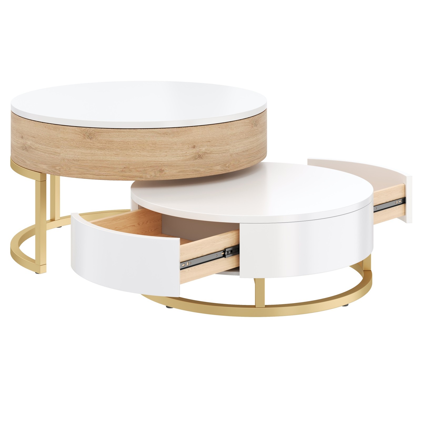 Round Lift-Top Nesting Coffee Tables with 2 Drawers White & Natural