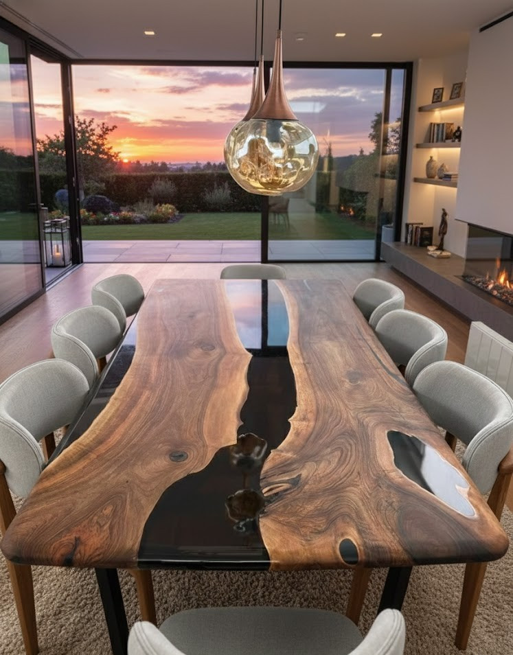 Black Epoxy River Wood Table Top Live Edge Handmade Resin Dining Desk Slab