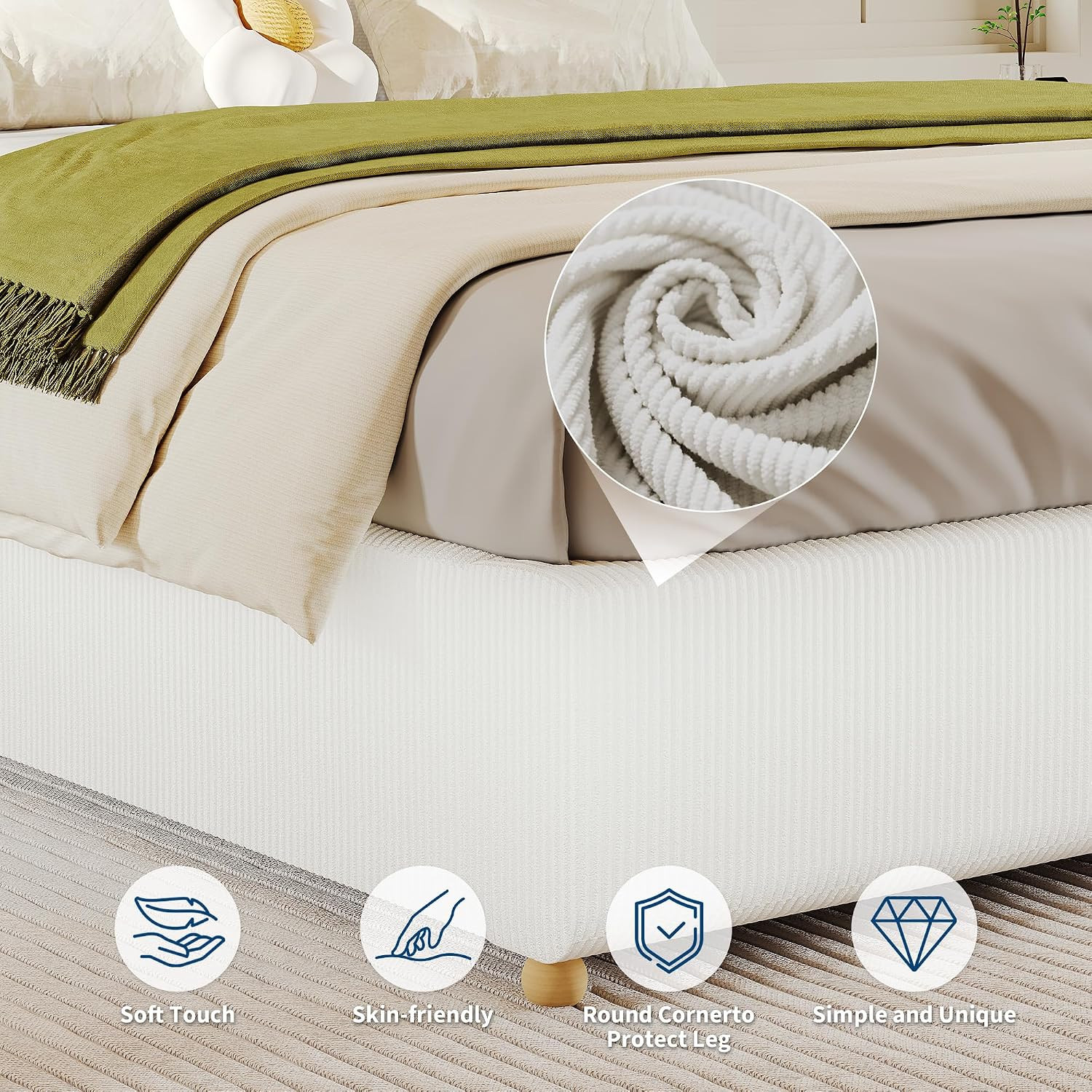 Queen Cloud Bed Frame, Corduroy Soft Fabric Low Bed Frames with Solid Wood round