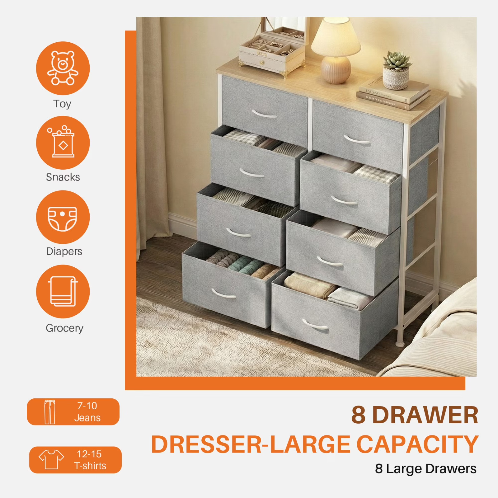 8-Drawer Fabric Dresser Storage Chest for Bedroom, Closet, Entryway, Light Gray