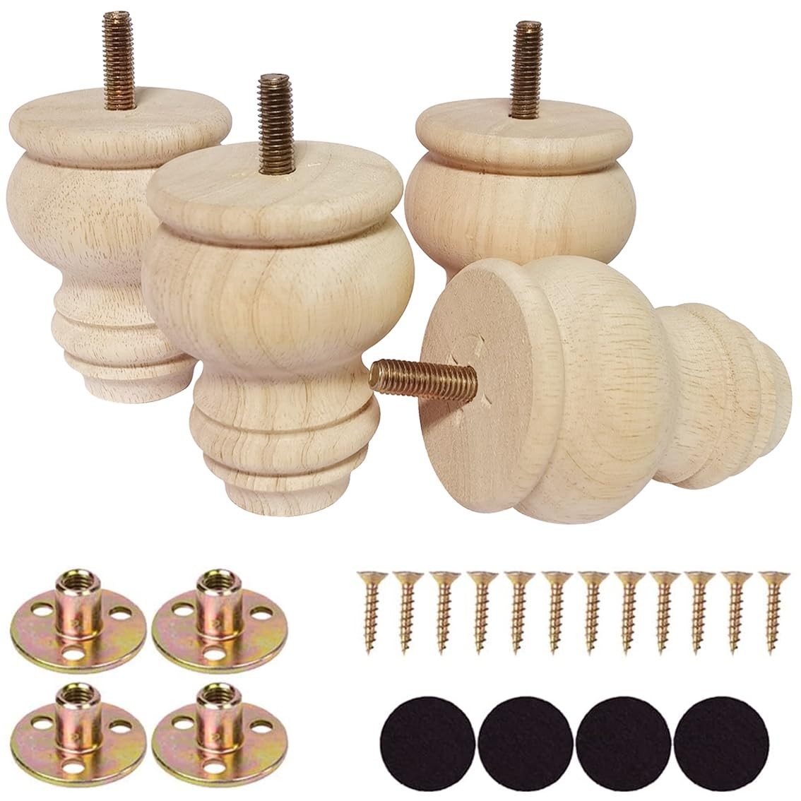 Wooden Furniture Legs Solid Wood Unpainted Round Bun Feet 3 Inch Set of 4
