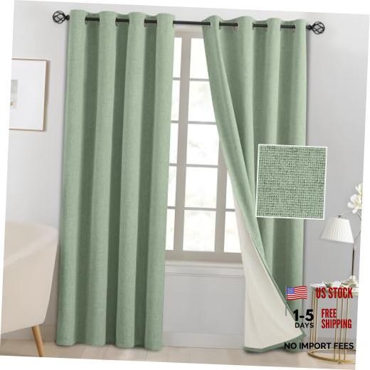 100% Blackout Linen Curtains 84 Inch 52″W x 84″L (Pack of 2) Light Sage Green
