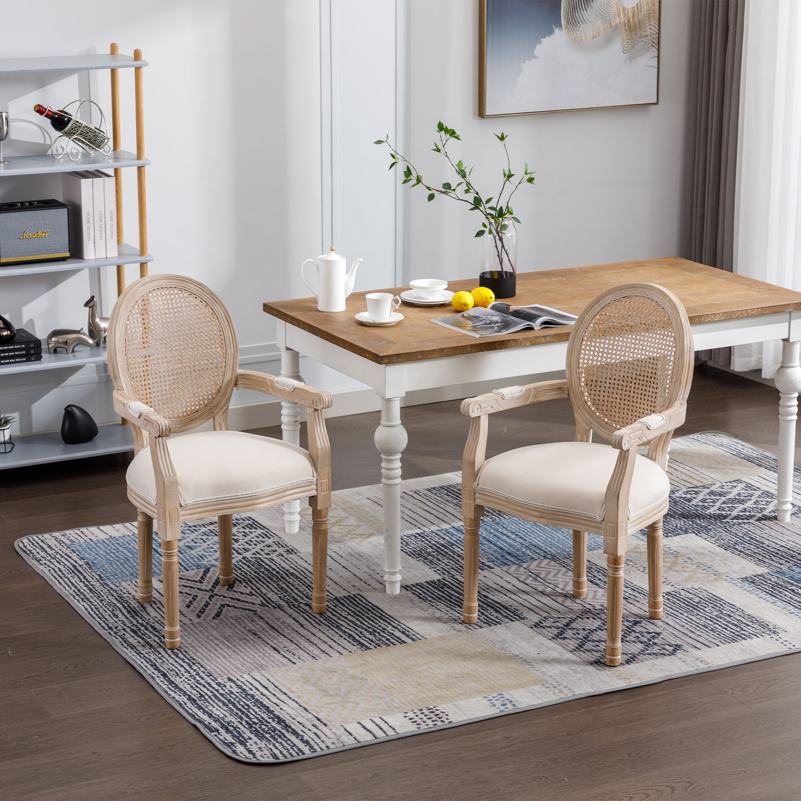 French Country Upholstered Armchair Set of 2, Beige, 21.66″L x 22.83″W