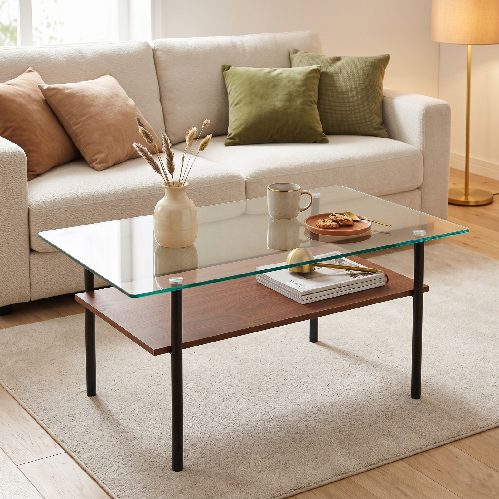 Rectangle Tempered Glass Coffee Table Center Table With Wooden Shelf Metal Legs