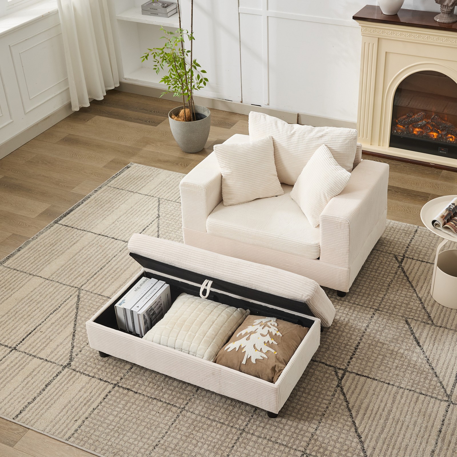 Corduroy Chaise Lounge Chair with Removable Ottoman, Beige