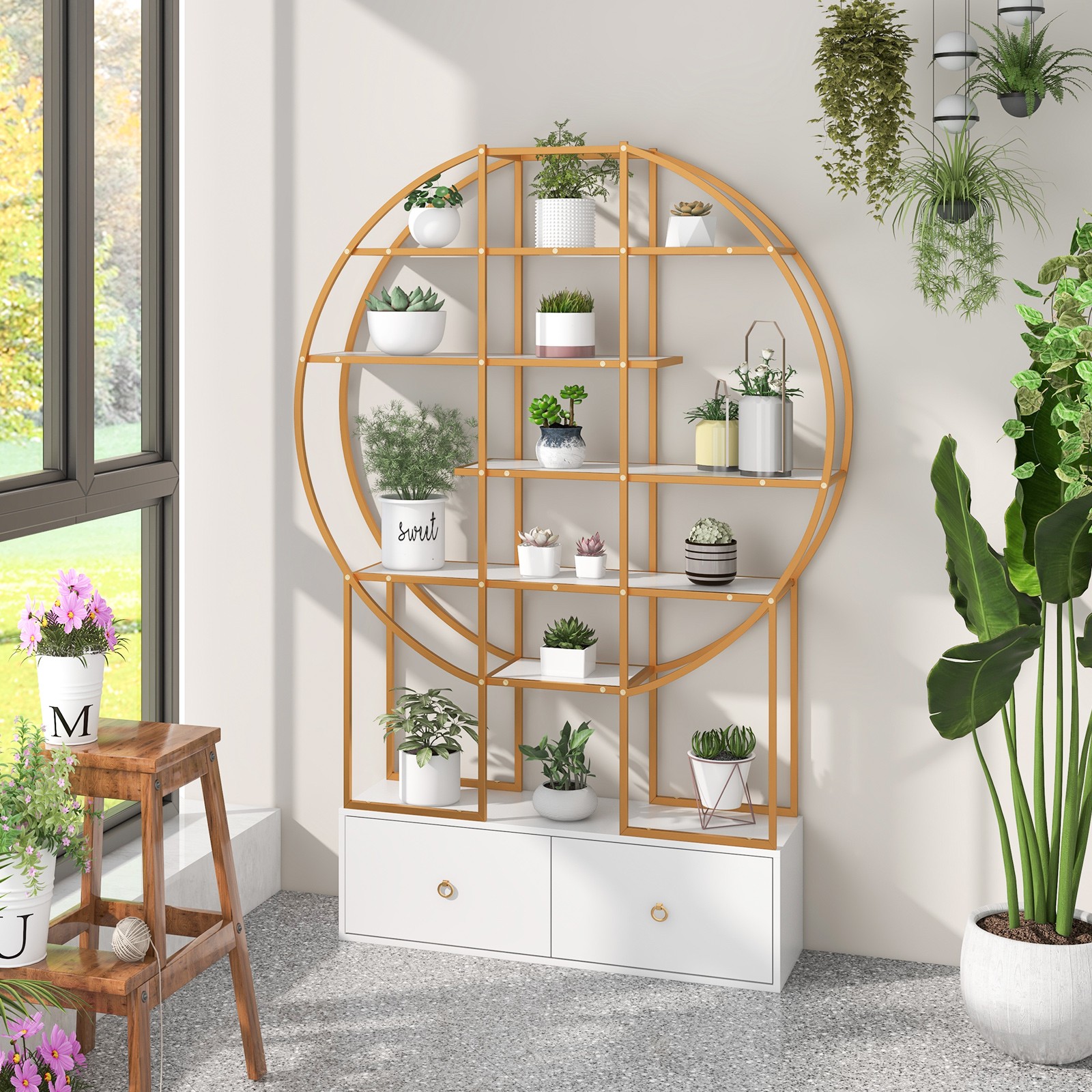71″ Tall Metal Bookcase 6-Tier Gold Bookshelf w/ 2 Storage Drawers Home Office