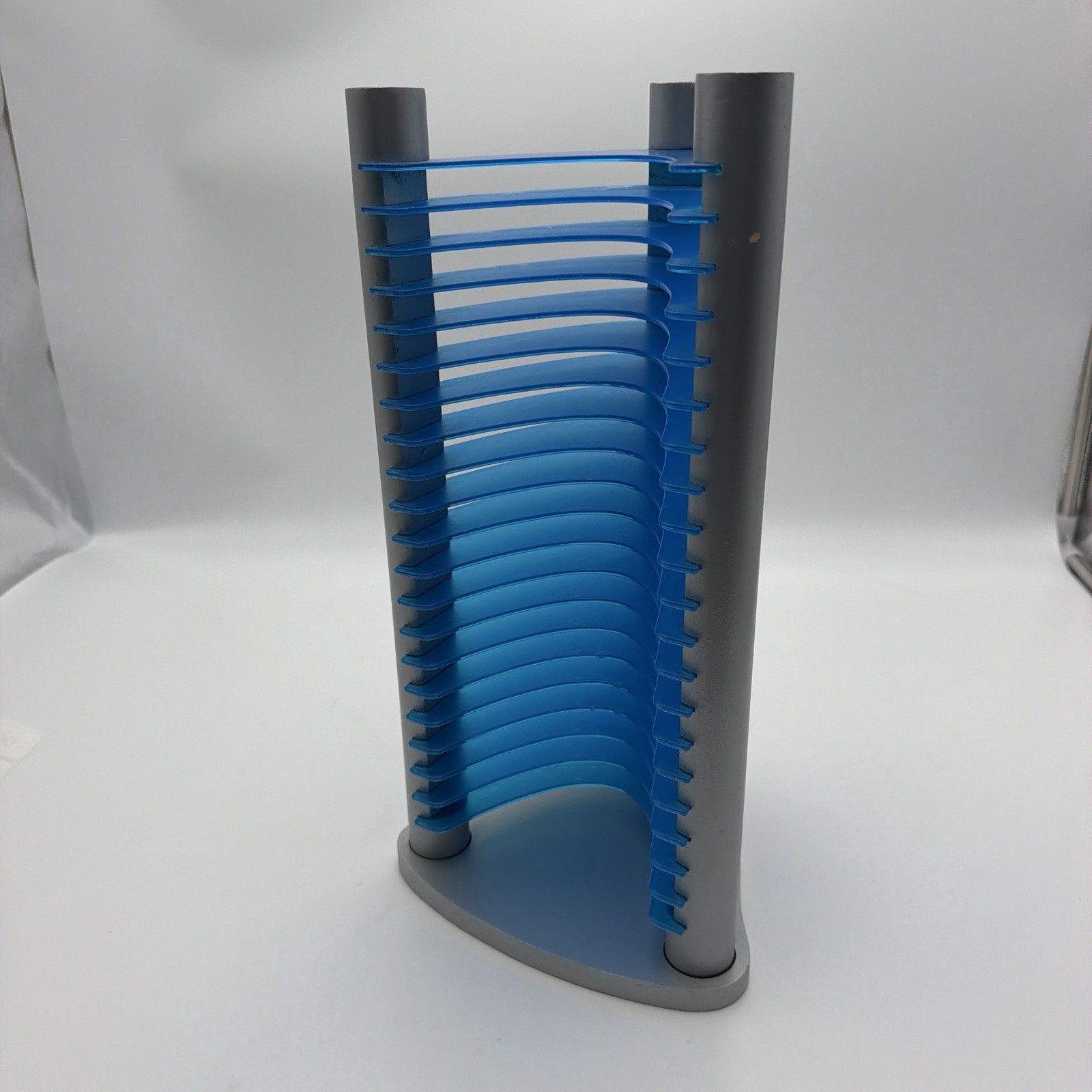 Vintage Y2K 20 CD Storage Tower Rack Blue Acrylic Silver Space Age Organizer