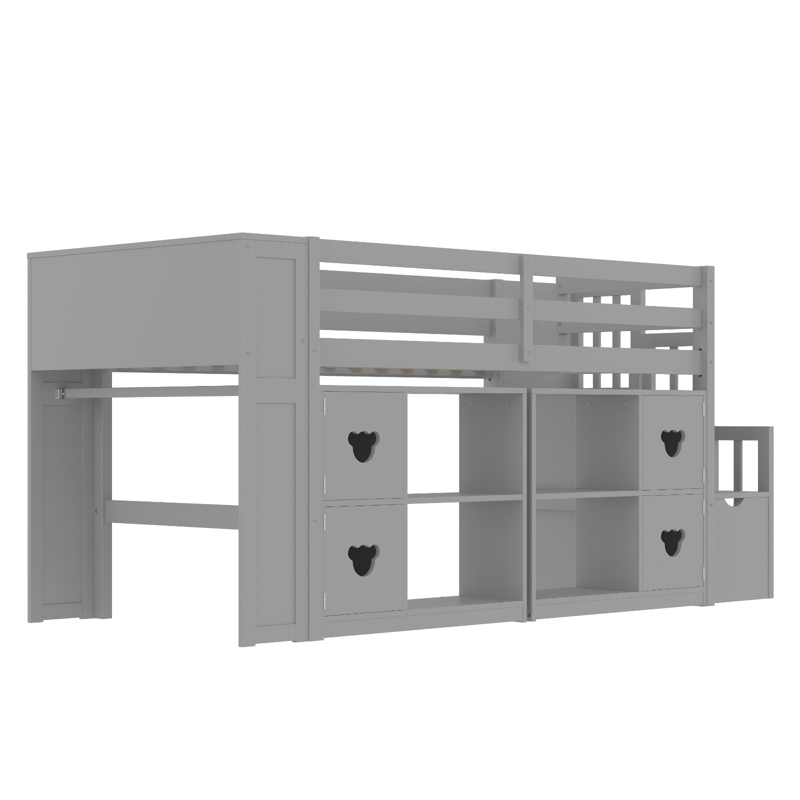 Twin Size Low Loft Bed With Shelves,Storage to Headboard and Stair, Grey