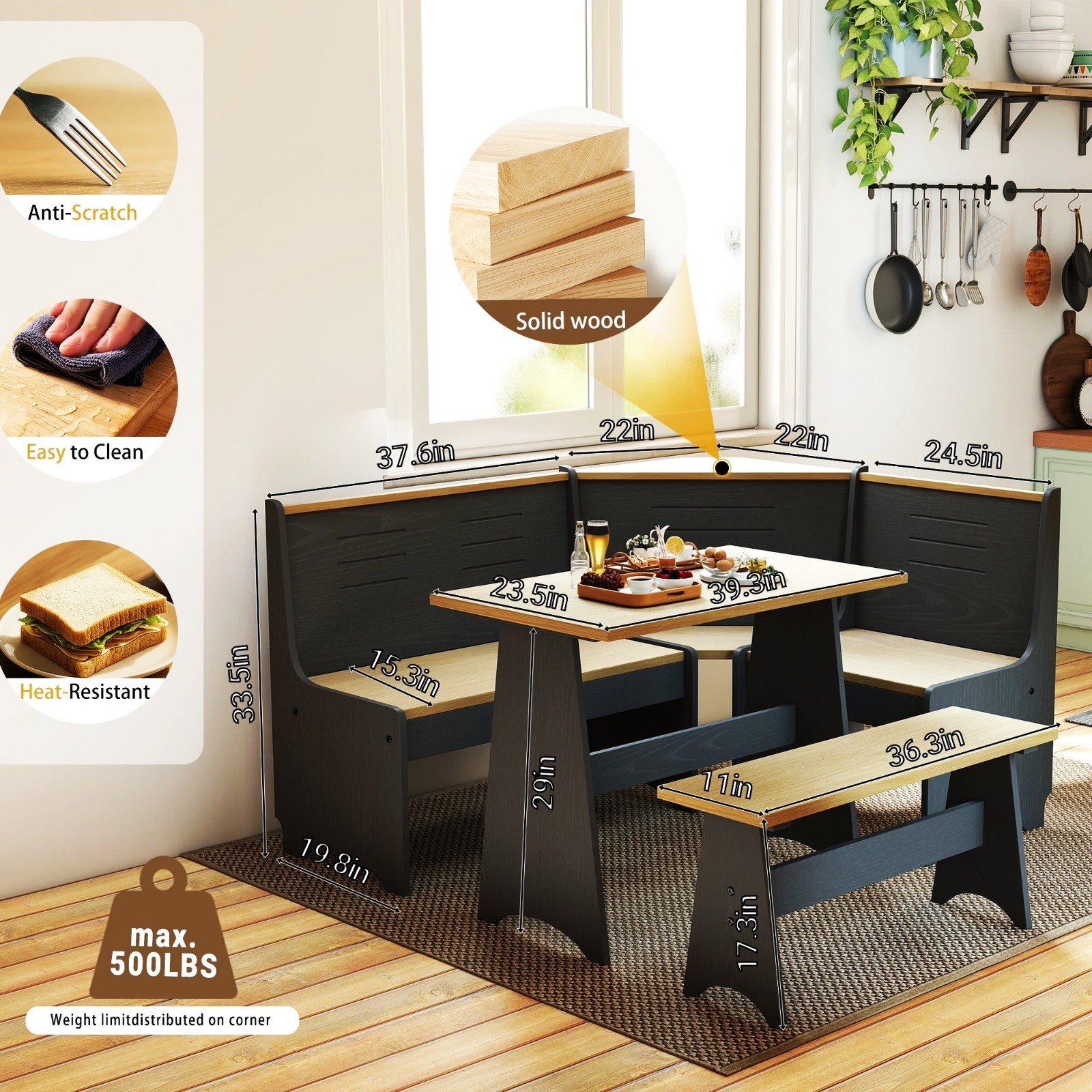 Corner Breakfast Nook Dining Set L-Shape Kitchen Table Bench Chairs Space Saving