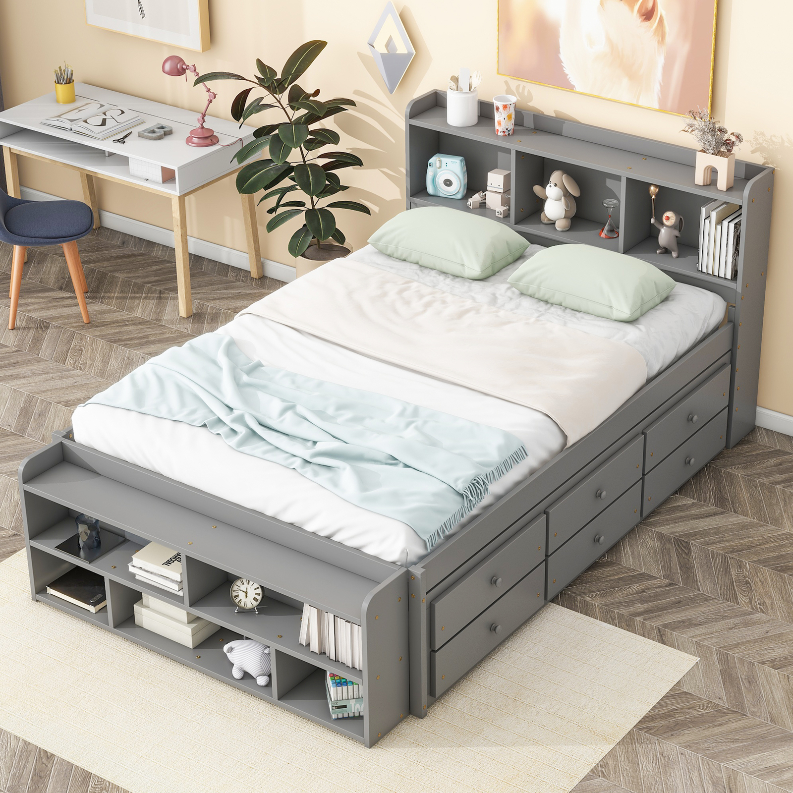 Wooden Full Size Bed Frame with Bookcase Storage Headboard and Drawers/Case Gray