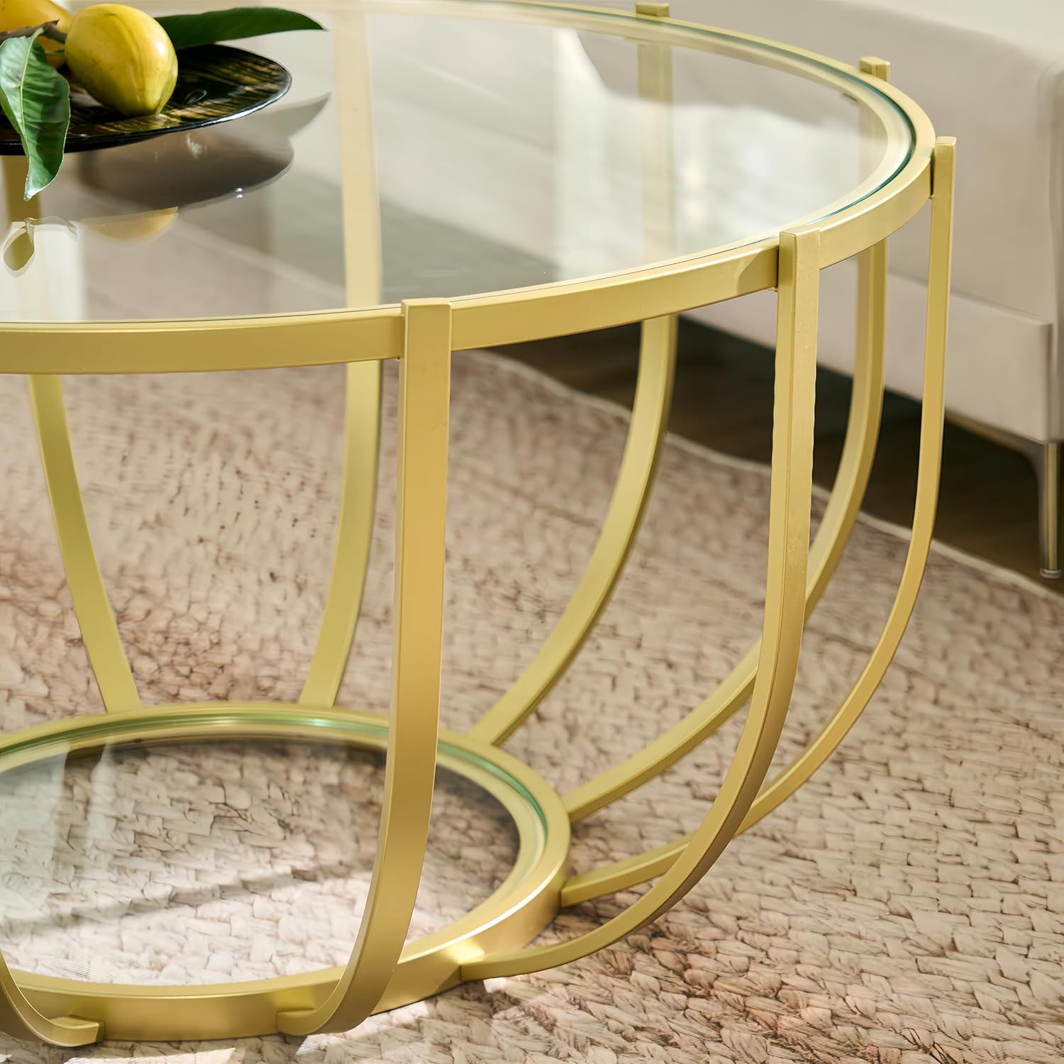 Glam Gold Round Glass Coffee Table, Mid-Century, 2-Tier Design, 30.7″ D