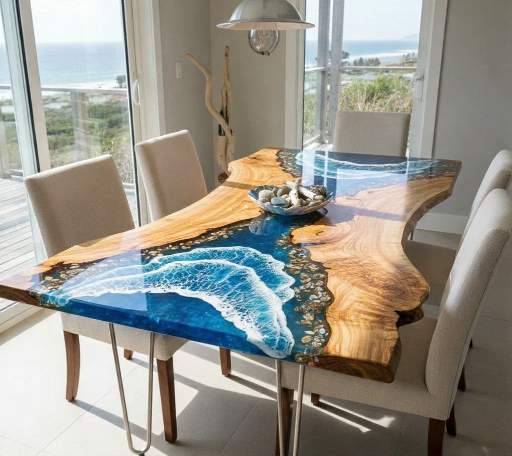 Blue Ocean Epoxy Resin Dining Table Top Live Edge River Table Modern Kitchen Dec