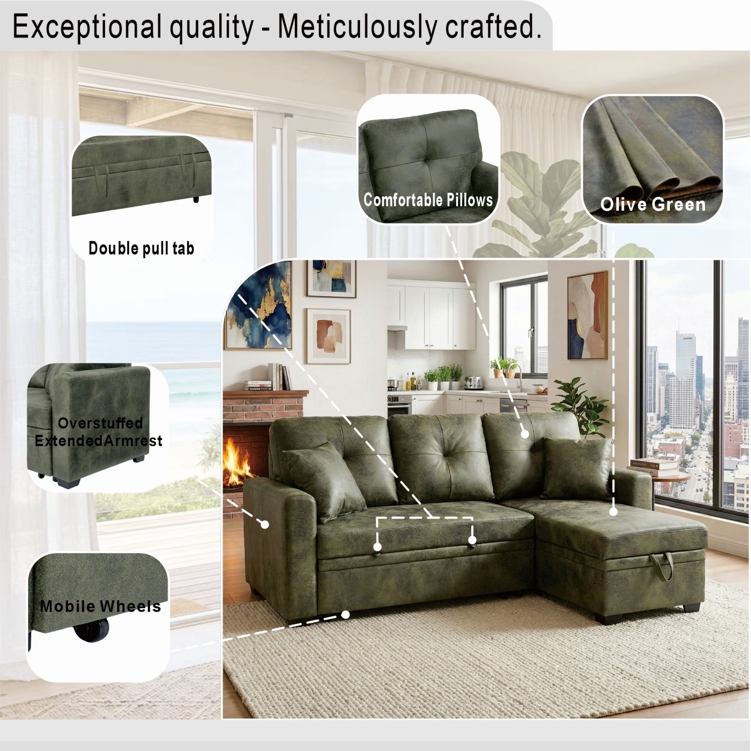 L-Shaped Sofa,Modern Sectional Sleeper Storage Pull Out Bed Reversible Chaise