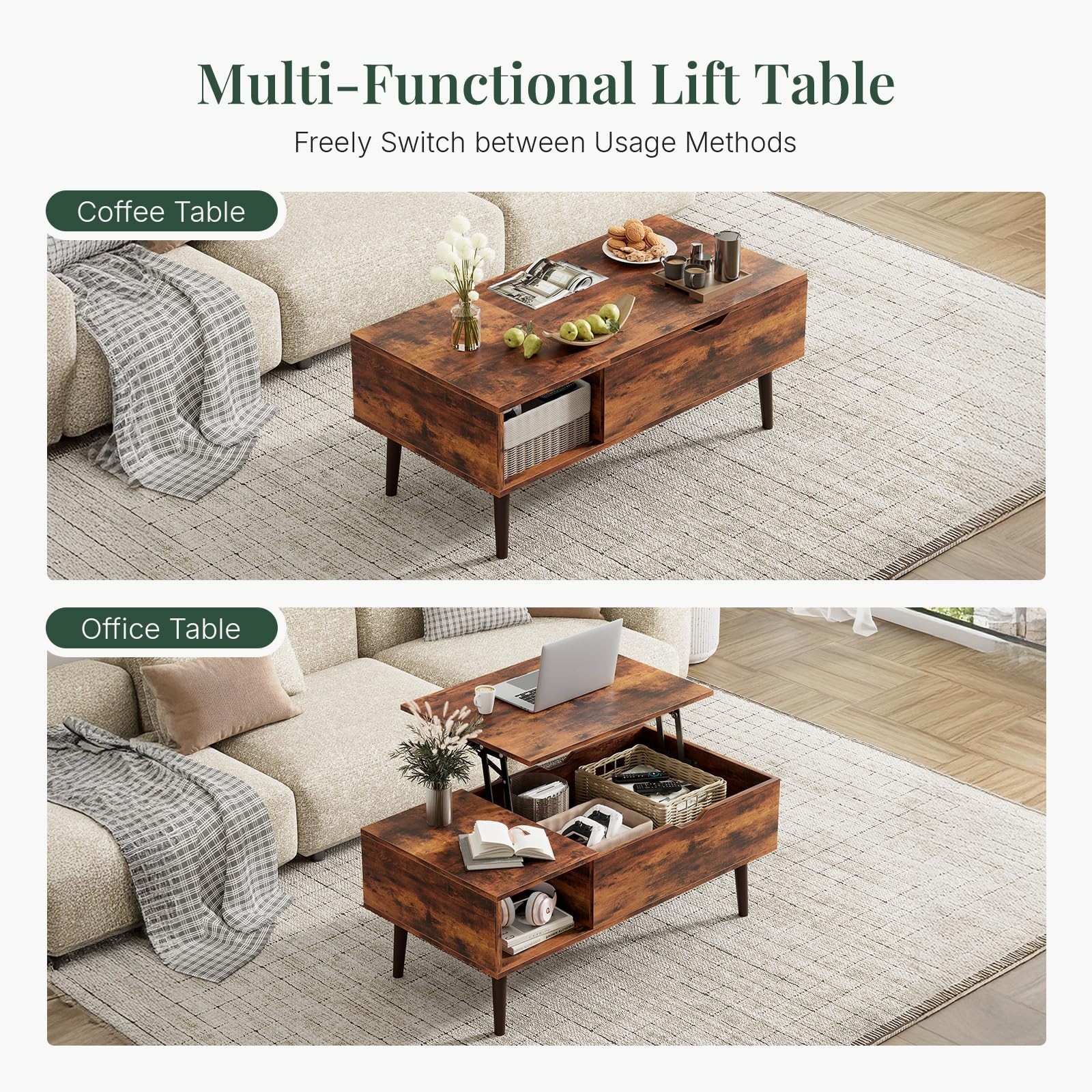 Multi-Functional Wood Lift Top Coffee Table with Hidden Storage & Open Shelf – I