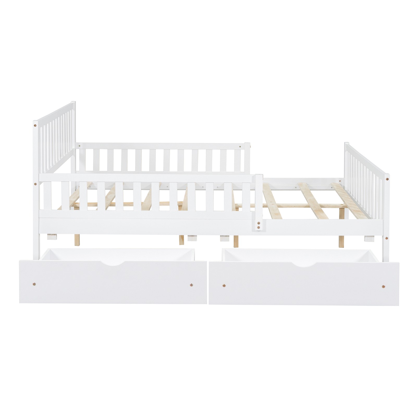 Full Size Bed Frame w/ Guardrails on Both Sides Two Storage Drawers White Wood
