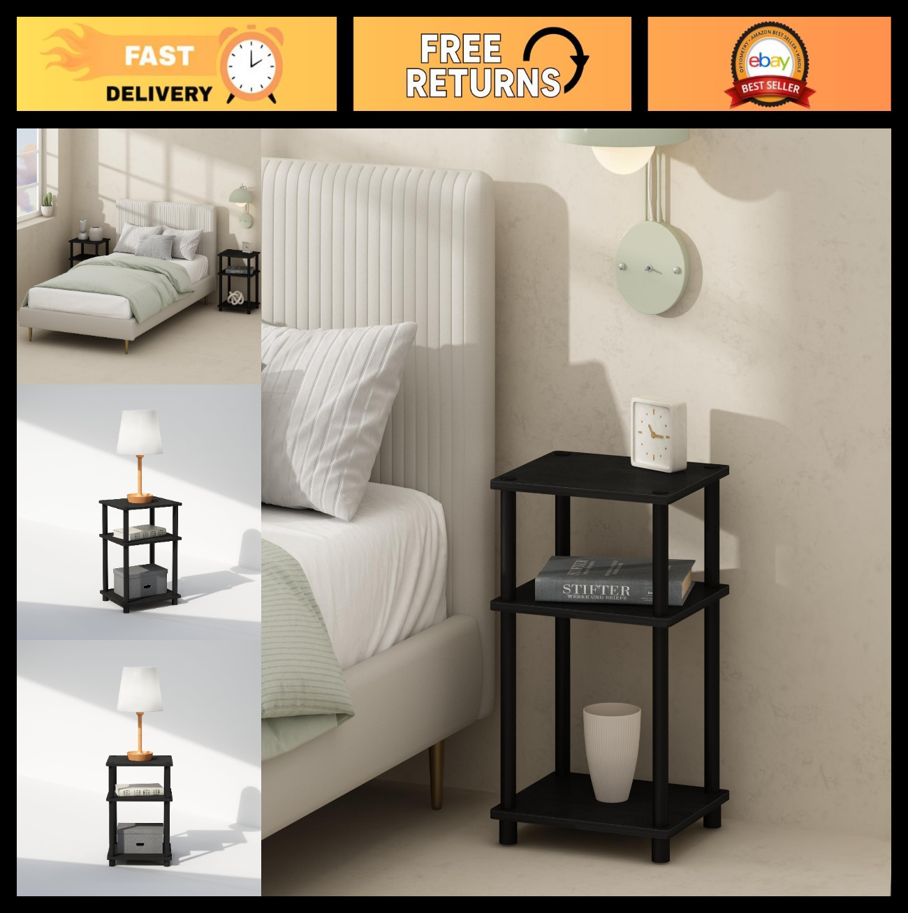 3-Tier Open Storage Nightstand, Easy Assembly, Plastic Poles, Americano/Black Fi