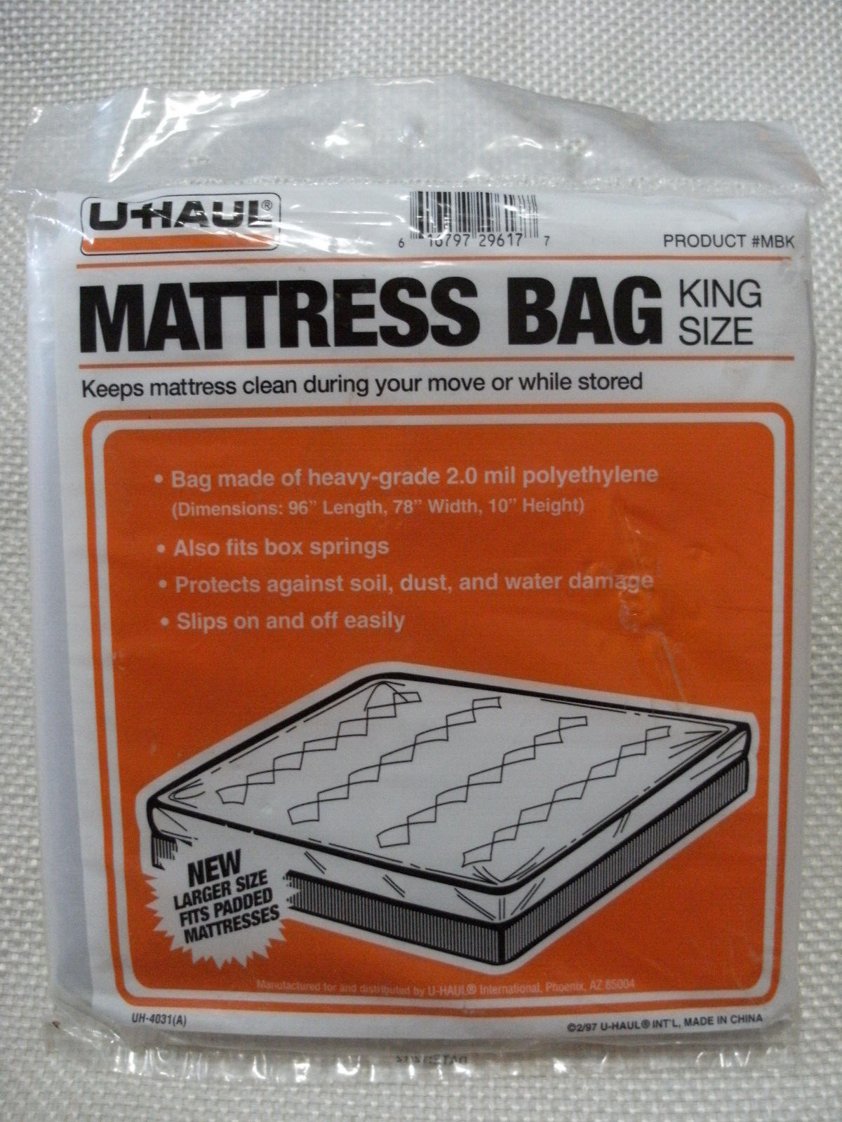 UHaul Brand King Mattress Bag 78″ Width 96″ Length 10″ Height Clear Heavy Grade