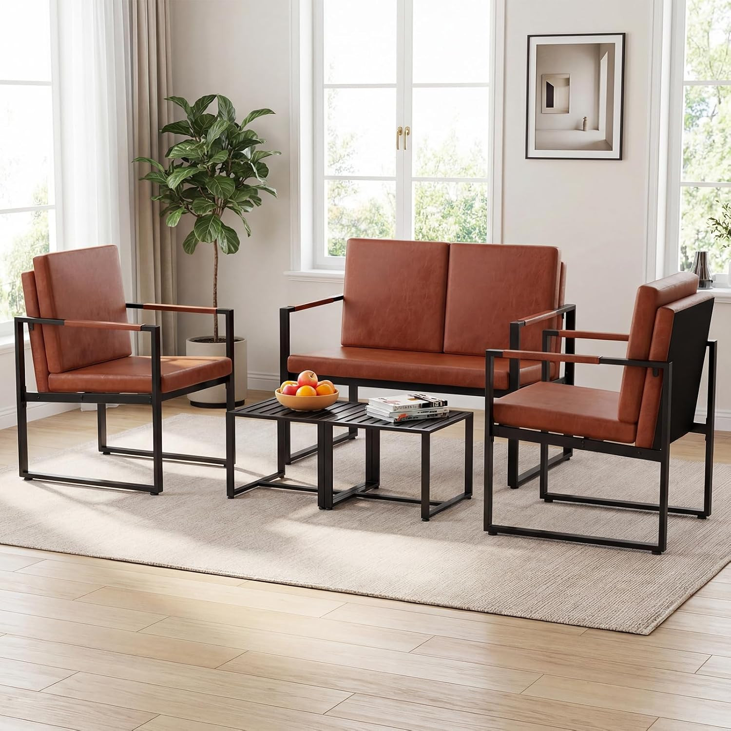 Stylish Brown Loveseat Sofa, 2-Seater with Metal Frame & Removable Cushions