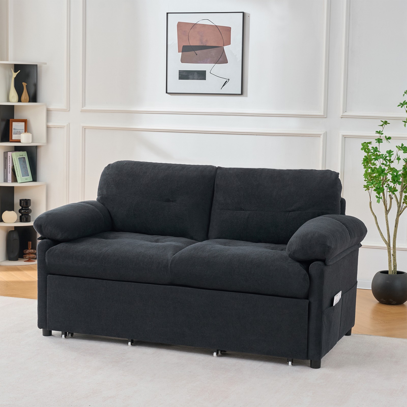 Queen Size Convertible Pull Out Sofa Bed with Storage, Black