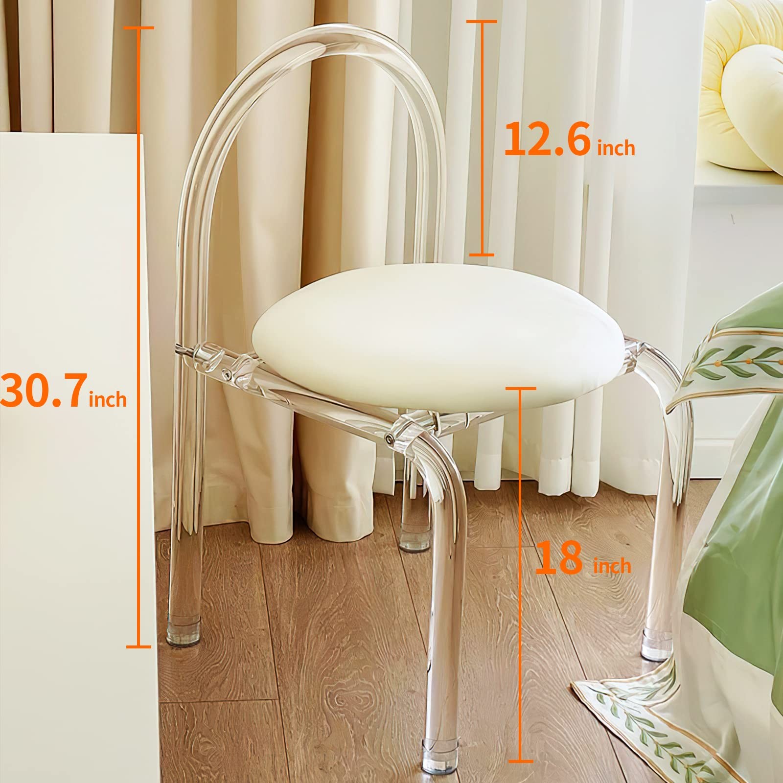 Cenozo Modern Minimalist Vanity Chair Clear Acrylic w/ Velvet Seat Cushion Cream