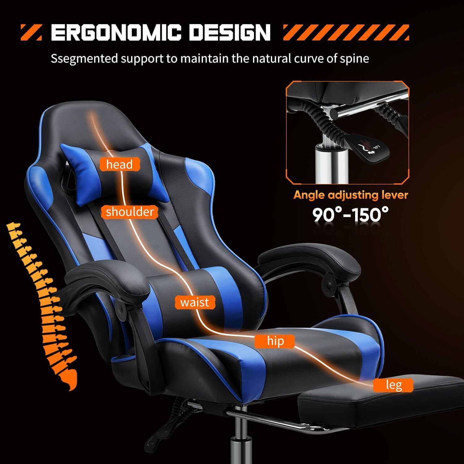 Leather Ergonomic Reclining Gaming Chair – Adjustable, with Wheels and Footrest