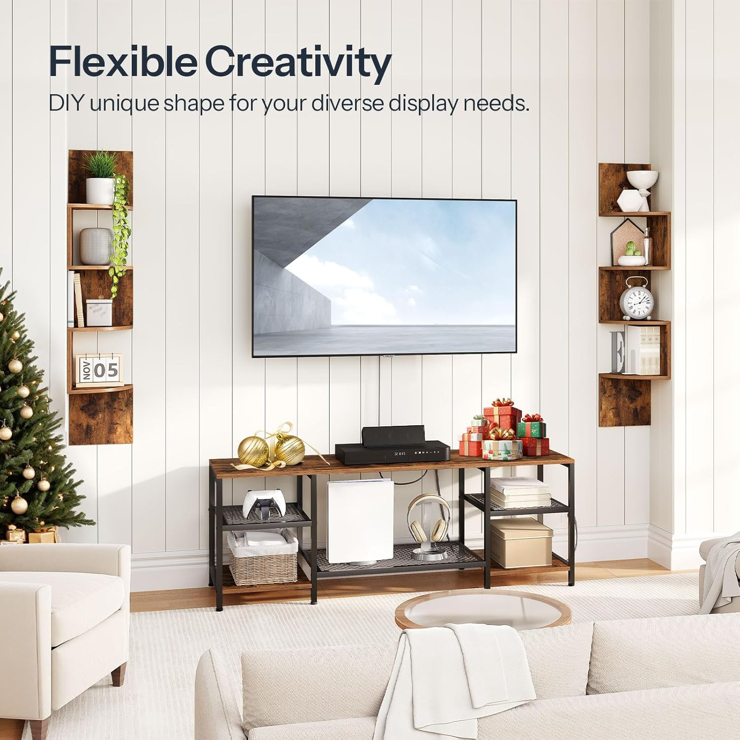 Corner Wall Shelves, Set of 2 Floating 4‑Tier Shelves for Living Room & Bedroom