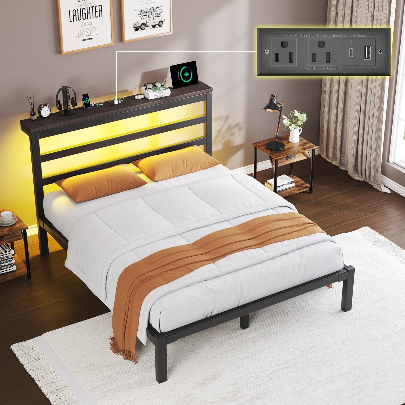 Queen/King Size Metal Bed Frame with Storage Headboard, Charging Station and LED