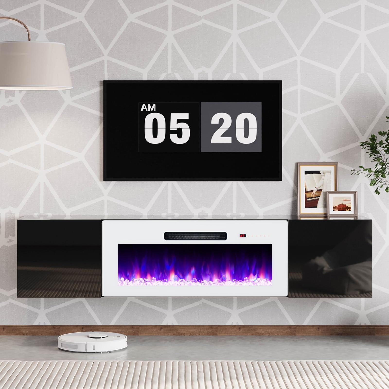 Floating TV Stand 36″ Electric Fireplace High Gloss Storage 78″ TV Black/White