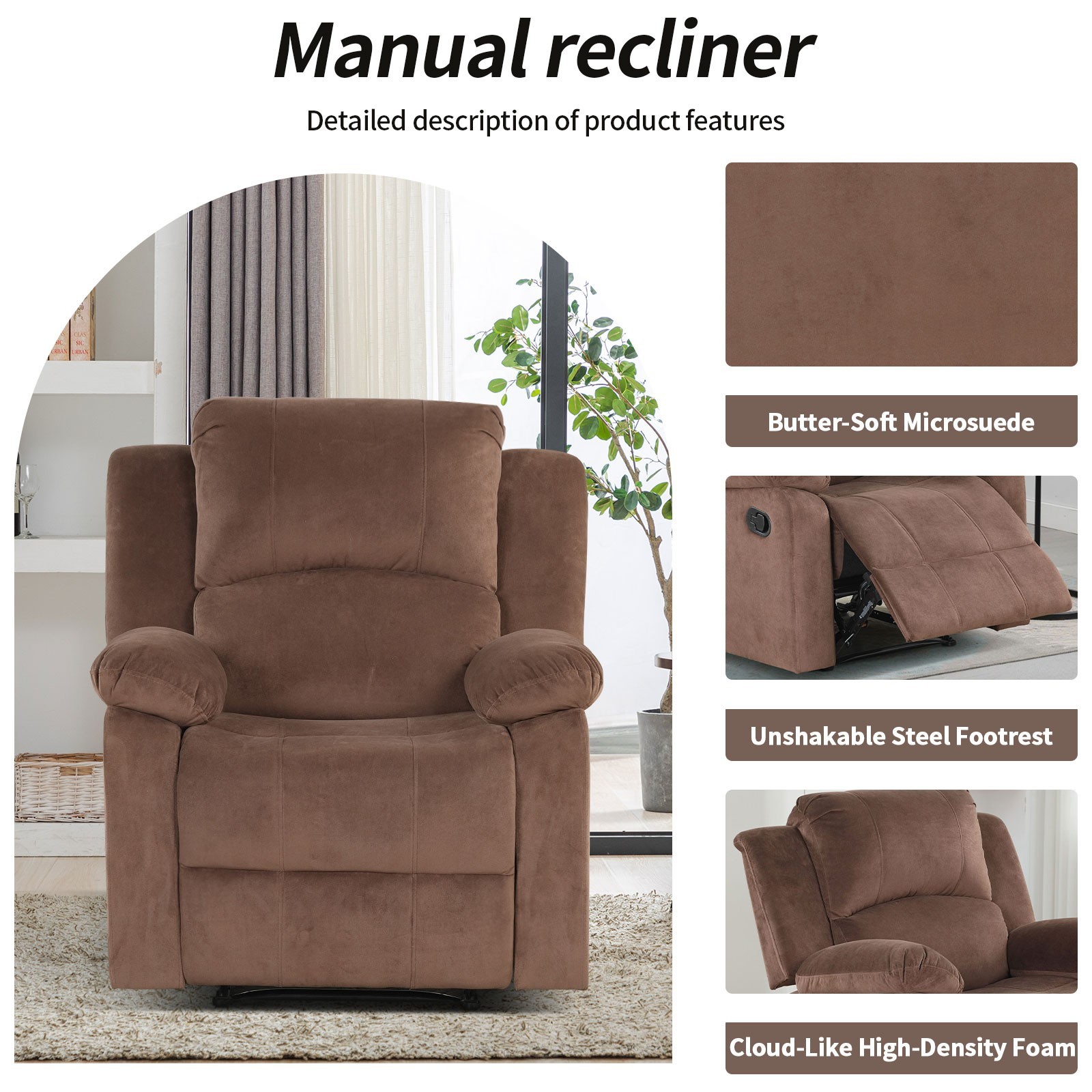 EBELLO Soft Fabric Manual Recliner Chair Heavy Duty and Safety Single Sofa Chair