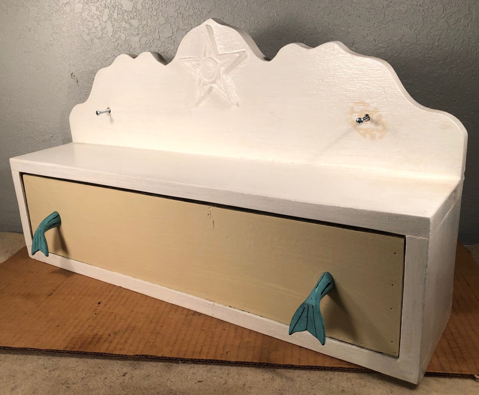Custom Solid Wood White Wall Mount Shelf w Drawer Star Mermaid Fish Tail Pulls