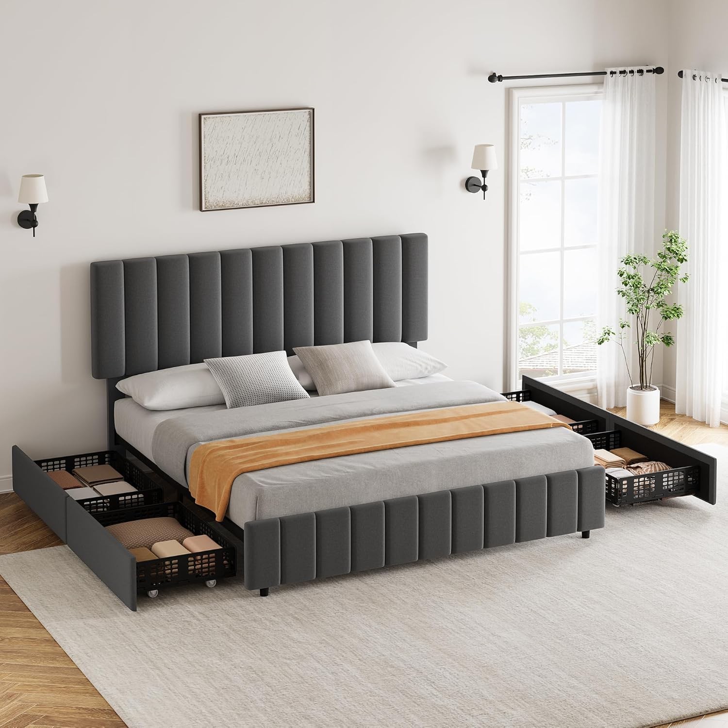 Queen Size Bed Frame with 4 Storage Drawers, Adjustable Height Headboard Grey