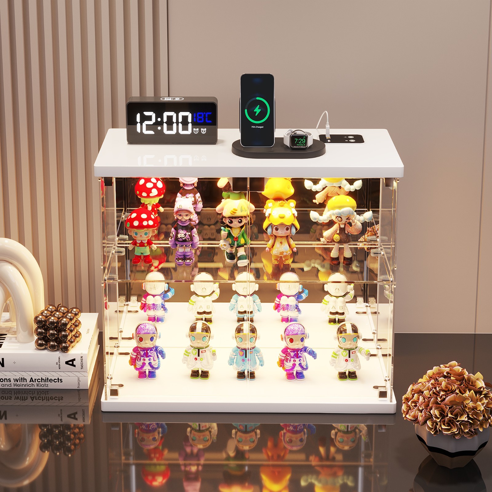 Glass Display Case with 3 Color LED Lights & Charging Station for Model Cars