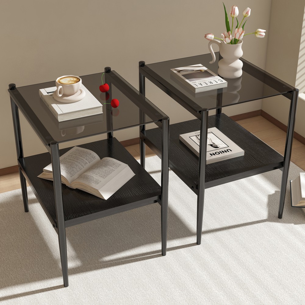 Modern Gray Glass Side Table Set with MDF Base for Living Room